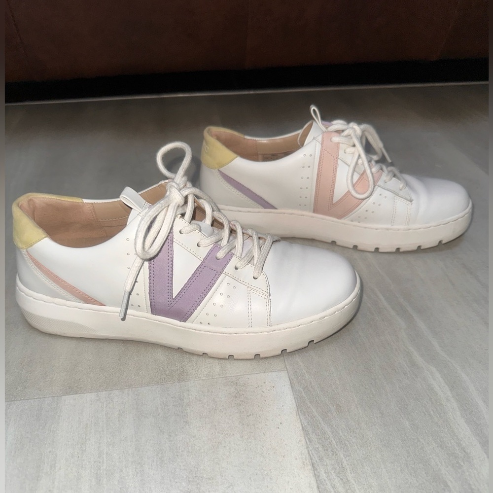 Vionic White Leather Sneakers with Pastel Lavender, Pink & Yellow Accents size 8